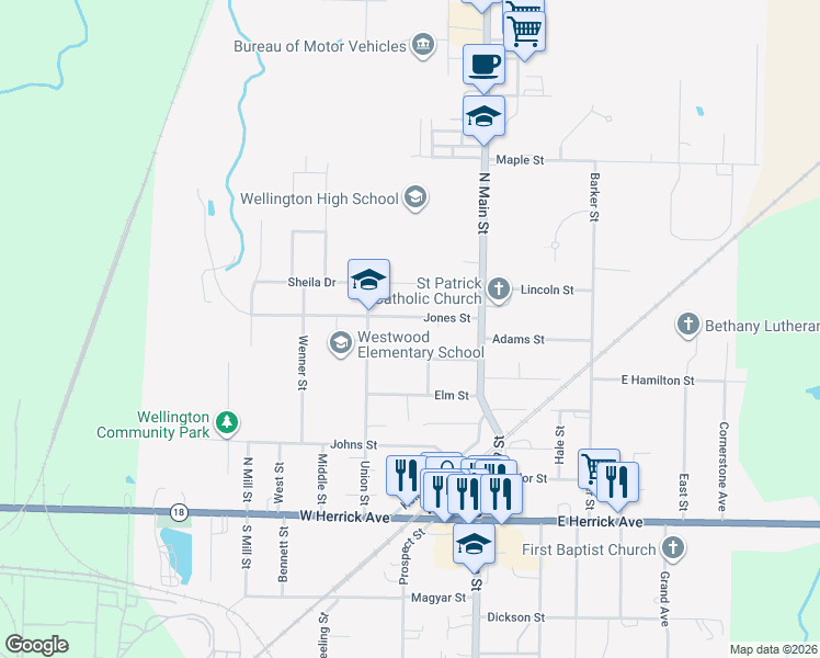 map of restaurants, bars, coffee shops, grocery stores, and more near 134 Vine Street in Wellington