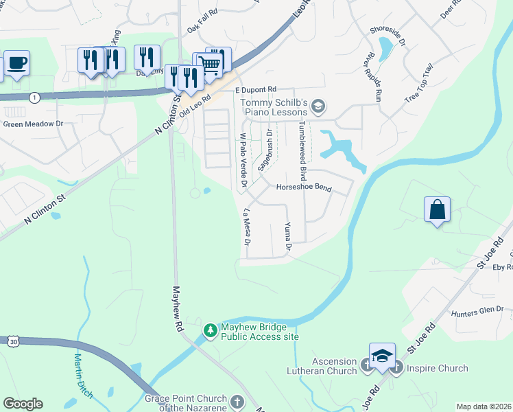 map of restaurants, bars, coffee shops, grocery stores, and more near 9734 La Mesa Drive in Fort Wayne