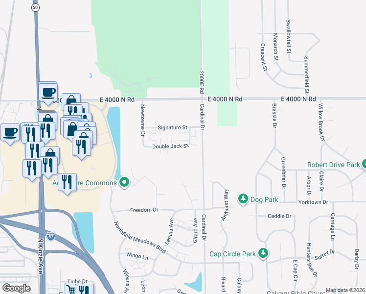 map of restaurants, bars, coffee shops, grocery stores, and more near 702-716 Double Jack Street in Bourbonnais