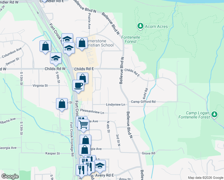 map of restaurants, bars, coffee shops, grocery stores, and more near 805 North 4th Street in Bellevue