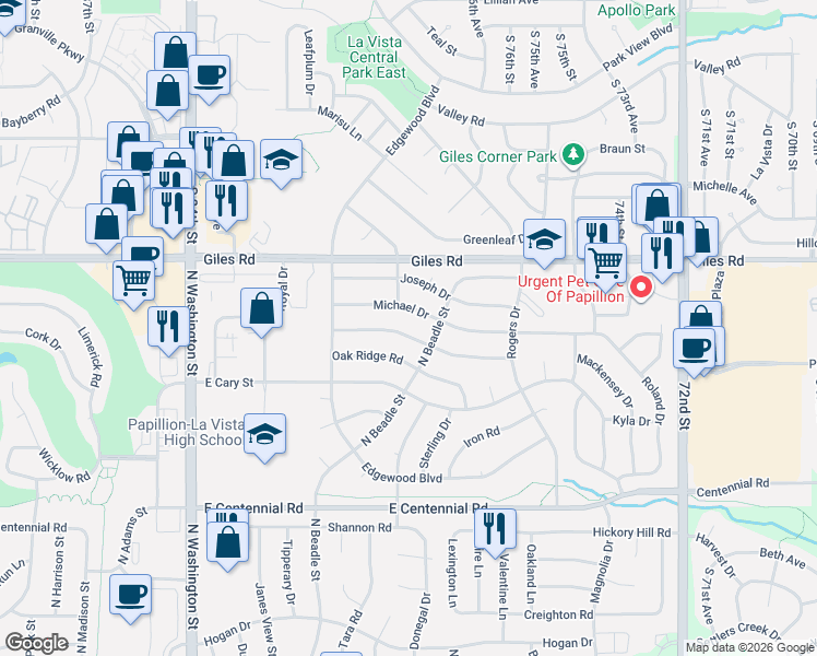 map of restaurants, bars, coffee shops, grocery stores, and more near 710 Oak Ridge Road in Papillion