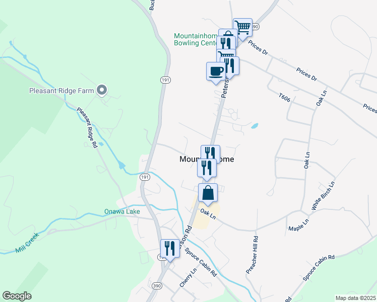 map of restaurants, bars, coffee shops, grocery stores, and more near Playhouse Ln in Mountainhome