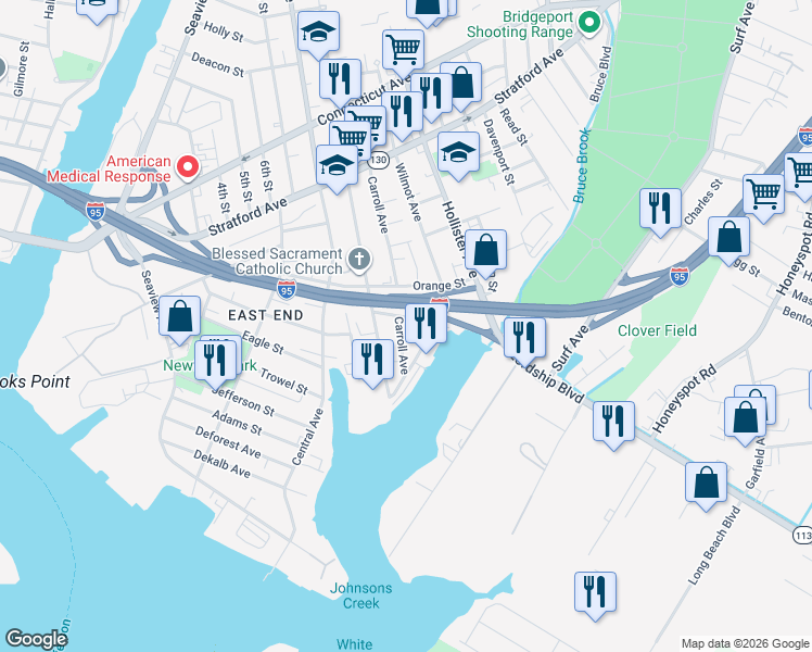 map of restaurants, bars, coffee shops, grocery stores, and more near 62 Carroll Avenue in Bridgeport