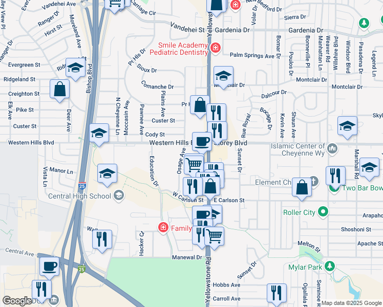 map of restaurants, bars, coffee shops, grocery stores, and more near 147 Brookfield Court in Cheyenne