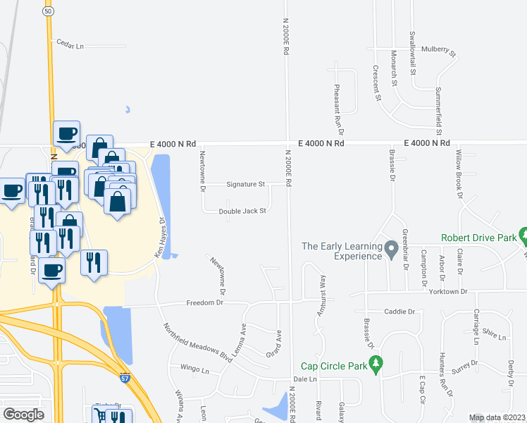map of restaurants, bars, coffee shops, grocery stores, and more near 729 Double Jack Street in Bourbonnais