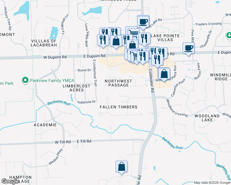 map of restaurants, bars, coffee shops, grocery stores, and more near 10112 Fawns Ford in Fort Wayne