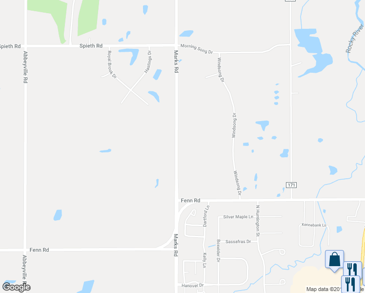 map of restaurants, bars, coffee shops, grocery stores, and more near 3679 Marks Road in Medina