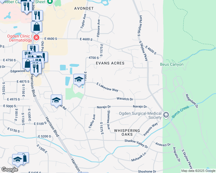 map of restaurants, bars, coffee shops, grocery stores, and more near 1606 East Lakeview Way in Ogden