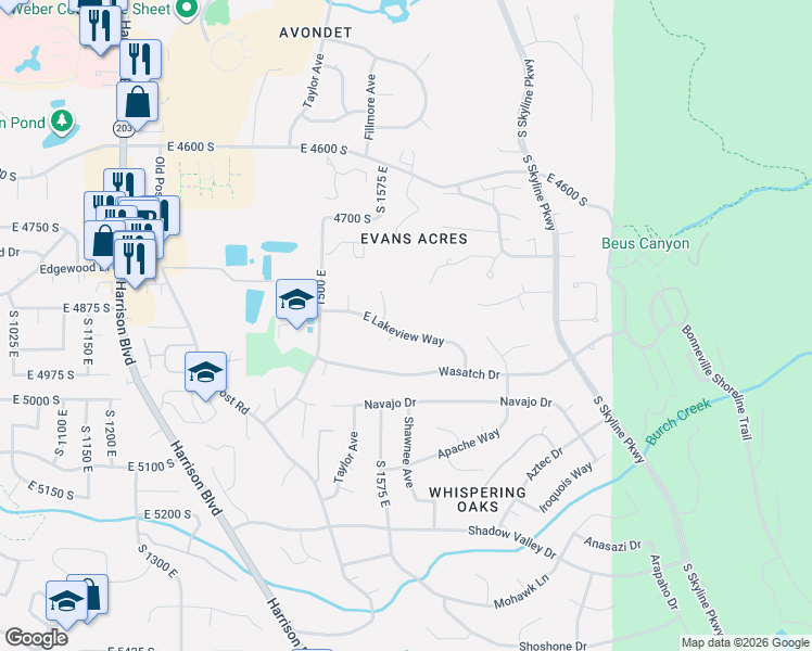 map of restaurants, bars, coffee shops, grocery stores, and more near 1606 East Lakeview Way in Ogden