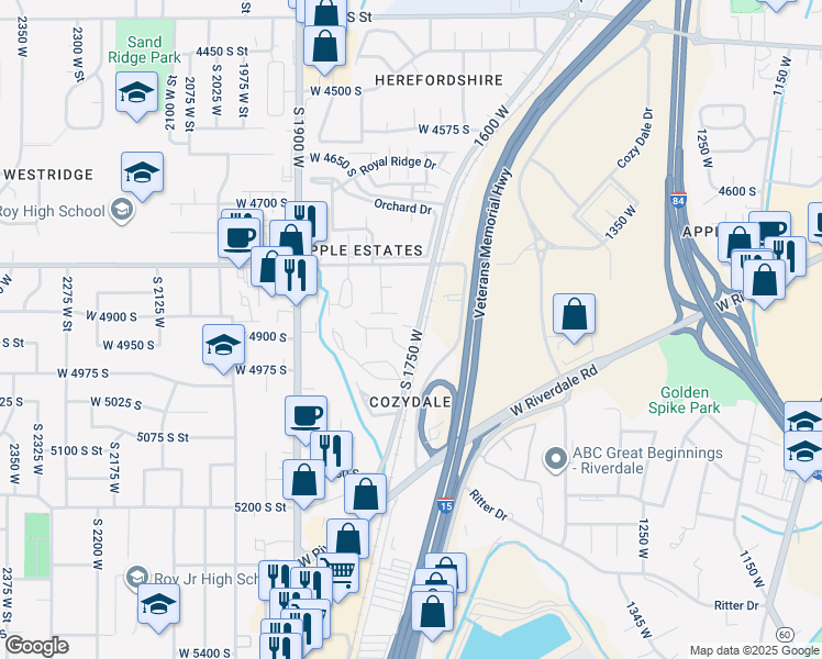 map of restaurants, bars, coffee shops, grocery stores, and more near 4584 1750 West Street in Roy