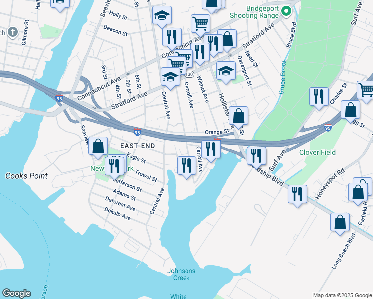 map of restaurants, bars, coffee shops, grocery stores, and more near 121 Union Avenue in Bridgeport