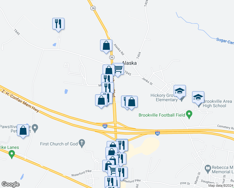 map of restaurants, bars, coffee shops, grocery stores, and more near in Brookville