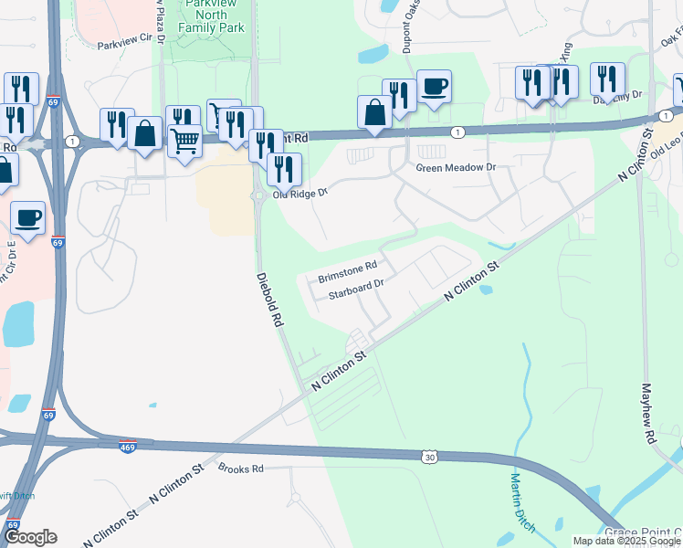 map of restaurants, bars, coffee shops, grocery stores, and more near 4300-4498 Merrick Road in Fort Wayne