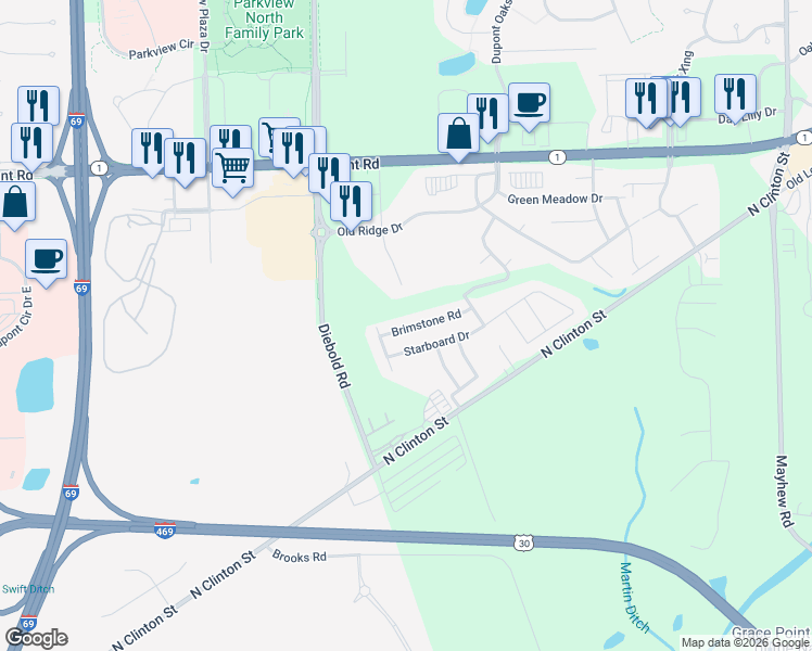 map of restaurants, bars, coffee shops, grocery stores, and more near 4300-4498 Merrick Road in Fort Wayne