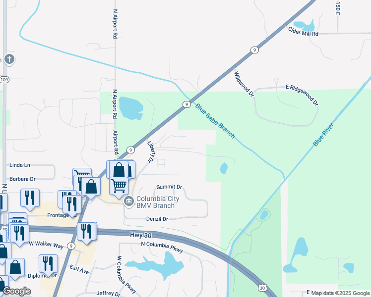 map of restaurants, bars, coffee shops, grocery stores, and more near 100 Raleigh Court in Columbia City