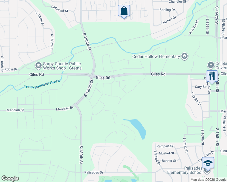 map of restaurants, bars, coffee shops, grocery stores, and more near 17708 Giles Road in Omaha
