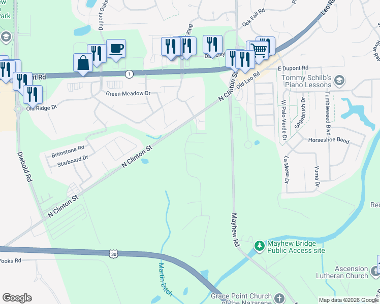 map of restaurants, bars, coffee shops, grocery stores, and more near 10048 North Clinton Street in Fort Wayne
