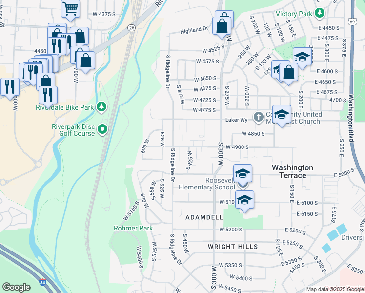 map of restaurants, bars, coffee shops, grocery stores, and more near 4898 South 450 West in Washington Terrace