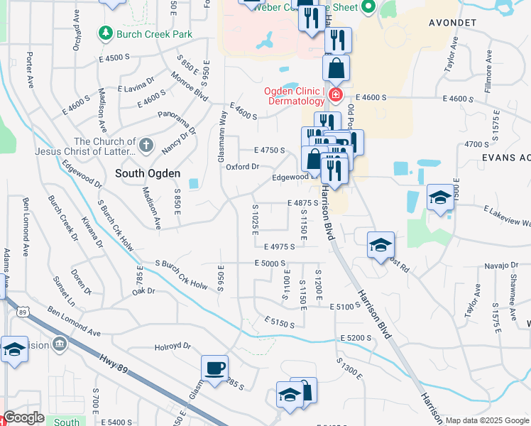 map of restaurants, bars, coffee shops, grocery stores, and more near 4893 South 1075 East in Ogden