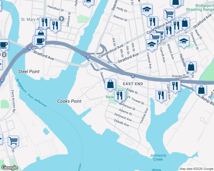 map of restaurants, bars, coffee shops, grocery stores, and more near 830 Seaview Avenue in Bridgeport