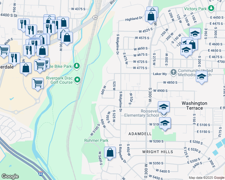map of restaurants, bars, coffee shops, grocery stores, and more near 538 4900 South in Riverdale