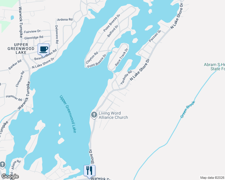 map of restaurants, bars, coffee shops, grocery stores, and more near 16 Landing Road in West Milford