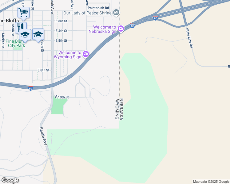 map of restaurants, bars, coffee shops, grocery stores, and more near 926 East 10th Street in Pine Bluffs