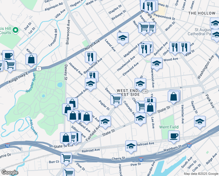 map of restaurants, bars, coffee shops, grocery stores, and more near 550 Colorado Avenue in Bridgeport