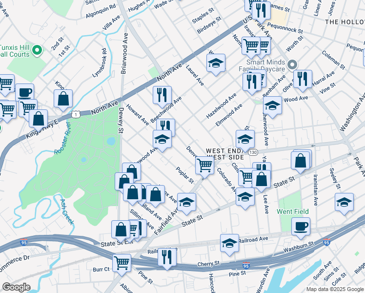 map of restaurants, bars, coffee shops, grocery stores, and more near 225 Denver Avenue in Bridgeport
