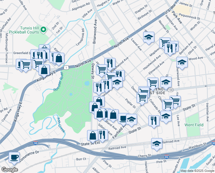 map of restaurants, bars, coffee shops, grocery stores, and more near 343 Poplar Street in Bridgeport