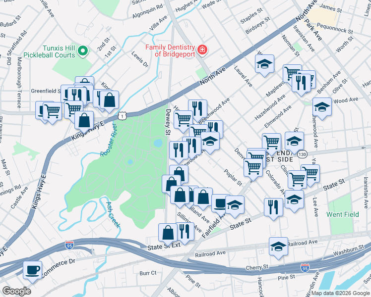 map of restaurants, bars, coffee shops, grocery stores, and more near 343 Poplar Street in Bridgeport