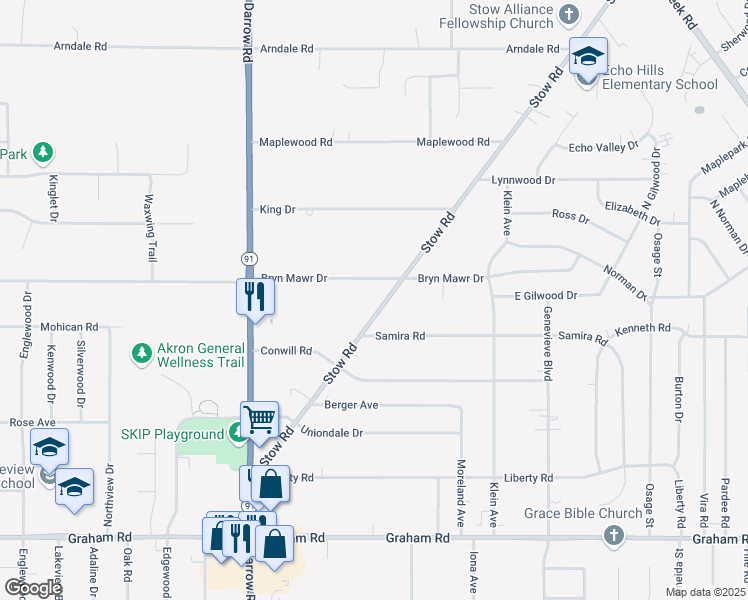 map of restaurants, bars, coffee shops, grocery stores, and more near 2034 Bryn Mawr Drive in Stow