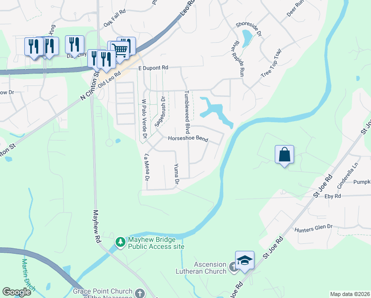 map of restaurants, bars, coffee shops, grocery stores, and more near 5834 Horseshoe Bend in Fort Wayne