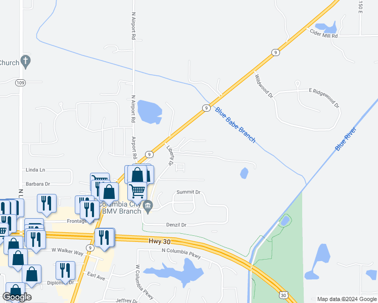 map of restaurants, bars, coffee shops, grocery stores, and more near 100 Raleigh Court in Columbia City