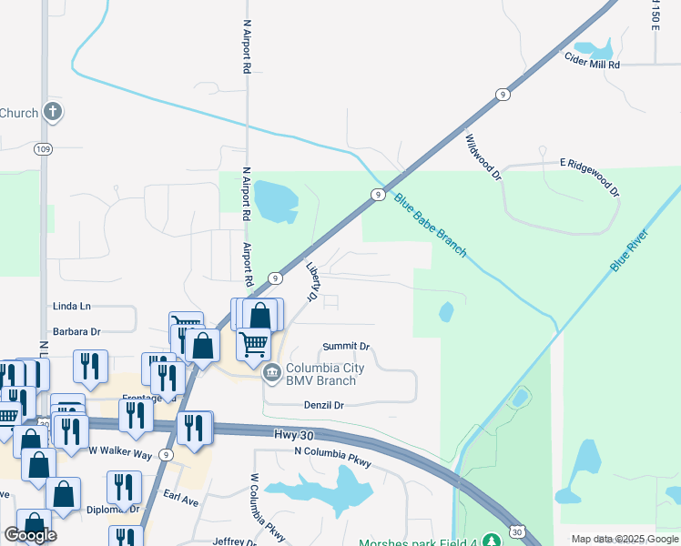 map of restaurants, bars, coffee shops, grocery stores, and more near 100 Raleigh Court in Columbia City