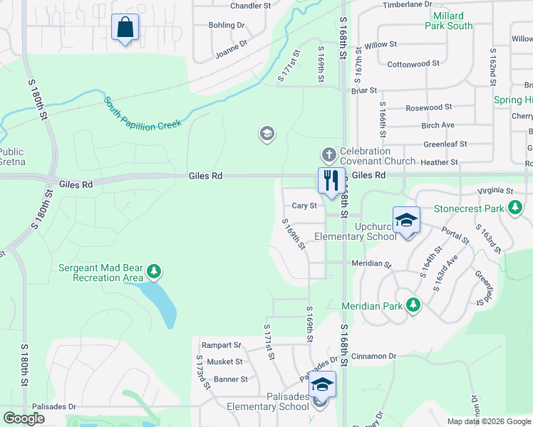map of restaurants, bars, coffee shops, grocery stores, and more near 8364 South 169th Street in Omaha