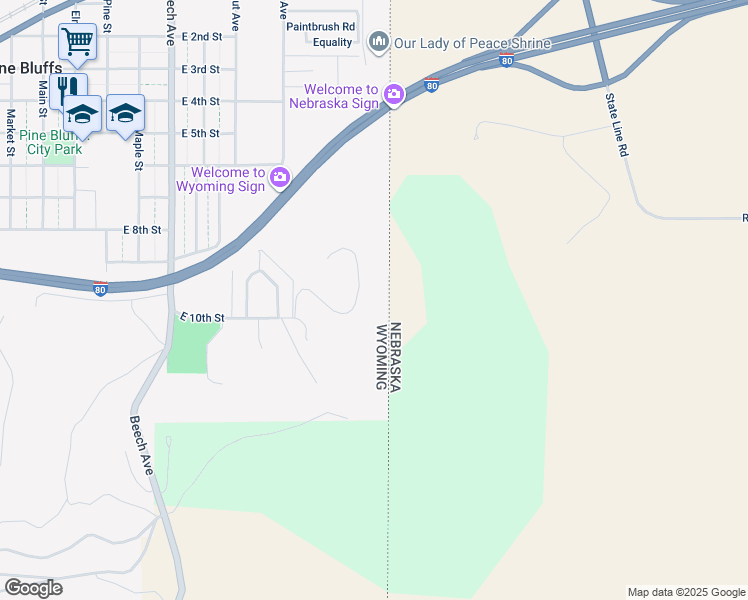 map of restaurants, bars, coffee shops, grocery stores, and more near 926 East 10th Street in Pine Bluffs