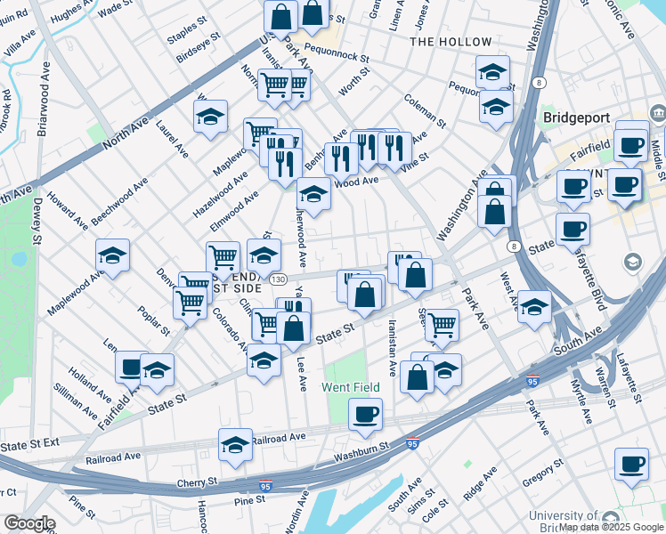map of restaurants, bars, coffee shops, grocery stores, and more near 1046 Fairfield Avenue in Bridgeport
