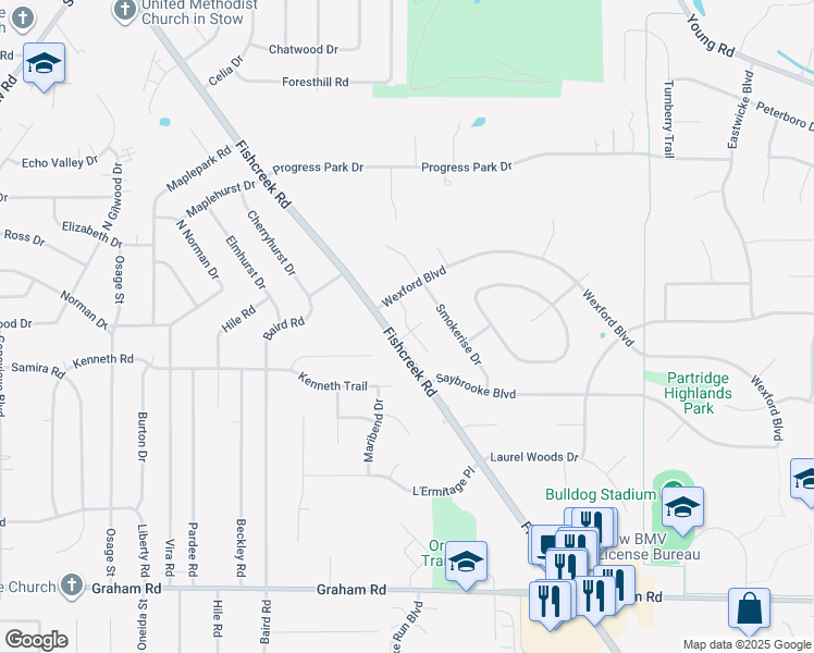 map of restaurants, bars, coffee shops, grocery stores, and more near 4392 Millburn Avenue in Stow
