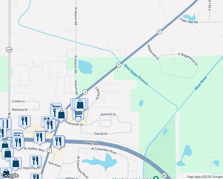 map of restaurants, bars, coffee shops, grocery stores, and more near 100 Raleigh Court in Columbia City