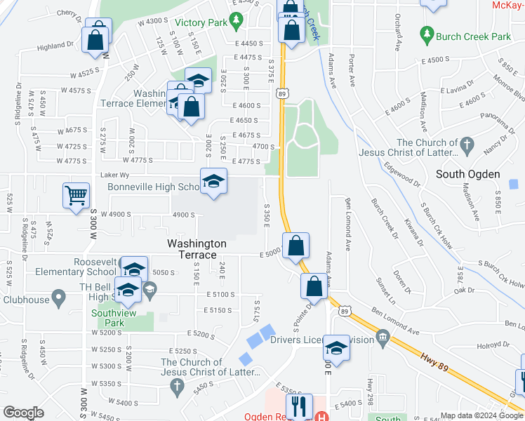 map of restaurants, bars, coffee shops, grocery stores, and more near 4860 South 350 East in Washington Terrace