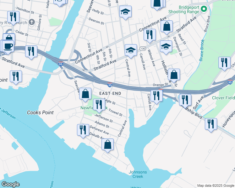 map of restaurants, bars, coffee shops, grocery stores, and more near in Bridgeport