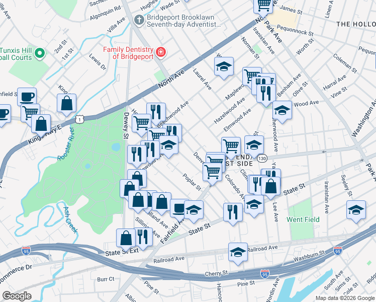 map of restaurants, bars, coffee shops, grocery stores, and more near 225 Denver Avenue in Bridgeport