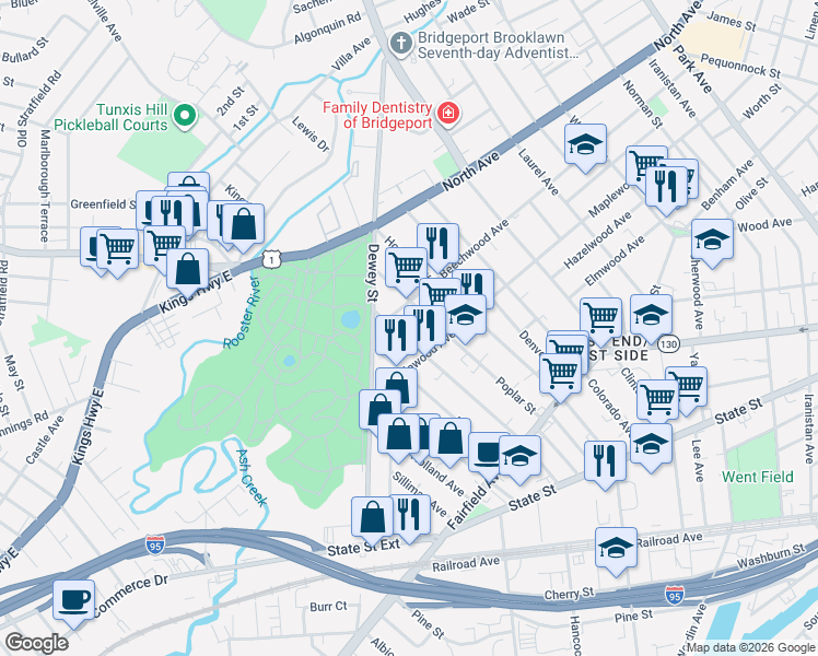 map of restaurants, bars, coffee shops, grocery stores, and more near 353 Poplar Street in Bridgeport