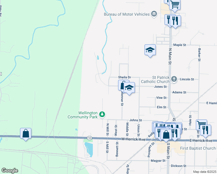 map of restaurants, bars, coffee shops, grocery stores, and more near 301 North Mill Street in Wellington