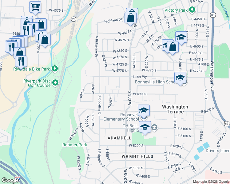 map of restaurants, bars, coffee shops, grocery stores, and more near 380 West 4900 South in Washington Terrace