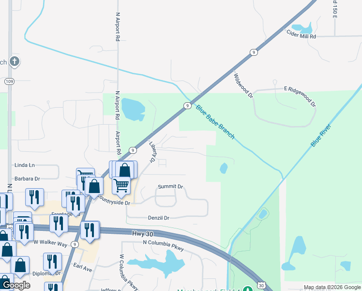 map of restaurants, bars, coffee shops, grocery stores, and more near 100 Raleigh Court in Columbia City