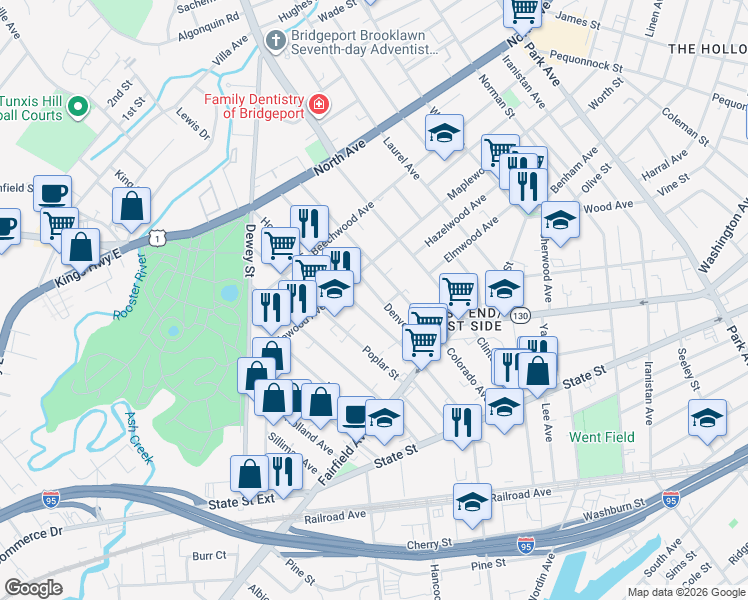 map of restaurants, bars, coffee shops, grocery stores, and more near 225 Denver Avenue in Bridgeport
