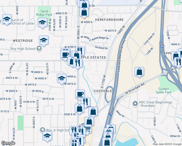 map of restaurants, bars, coffee shops, grocery stores, and more near 2025 5000 South Street in Roy