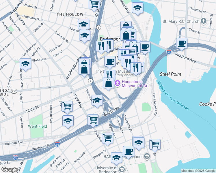 map of restaurants, bars, coffee shops, grocery stores, and more near 881 Lafayette Boulevard in Bridgeport